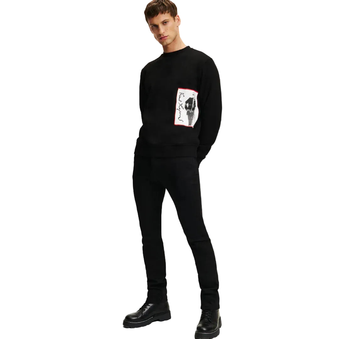 Karl Lagerfeld men's black archive graphic sweatshirt with crew neck and signature Karl Lagerfeld artwork
