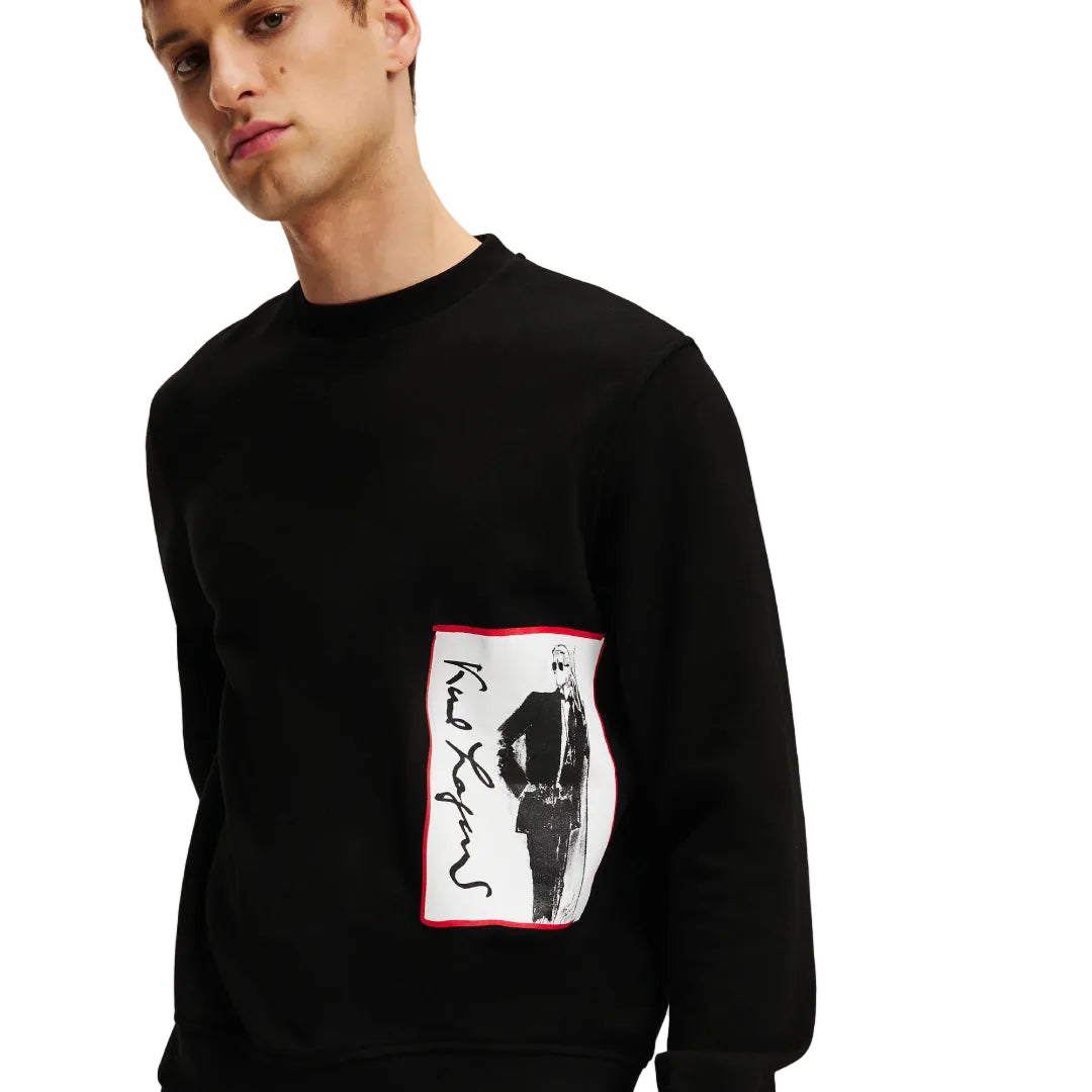 Karl Lagerfeld men's black archive graphic sweatshirt with crew neck and signature Karl Lagerfeld artwork