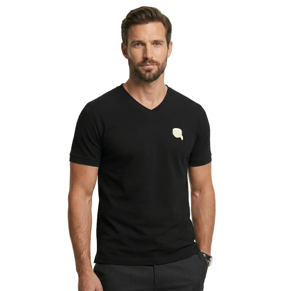 Karl Lagerfeld men's black crew neck basic cotton t-shirt with regular fit, short sleeves, and signature chest logo for casual everyday designer fashion.