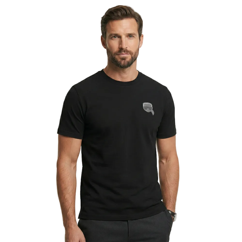 Karl Lagerfeld men's black crew neck print cotton t-shirt with regular fit, short sleeves, and signature chest logo for casual everyday designer fashion.