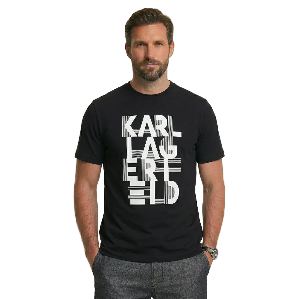 Karl Lagerfeld men's black crew neck graphic print T-shirt with oversized white logo, regular fit, short sleeves, and premium cotton fabric for casual wear.