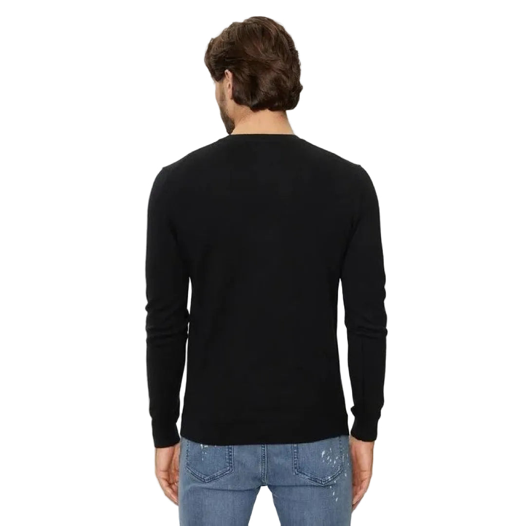Karl Lagerfeld men's black knit crewneck sweater with embroidered Iconic Karl logo, regular fit, long sleeves, and premium cotton blend fabric