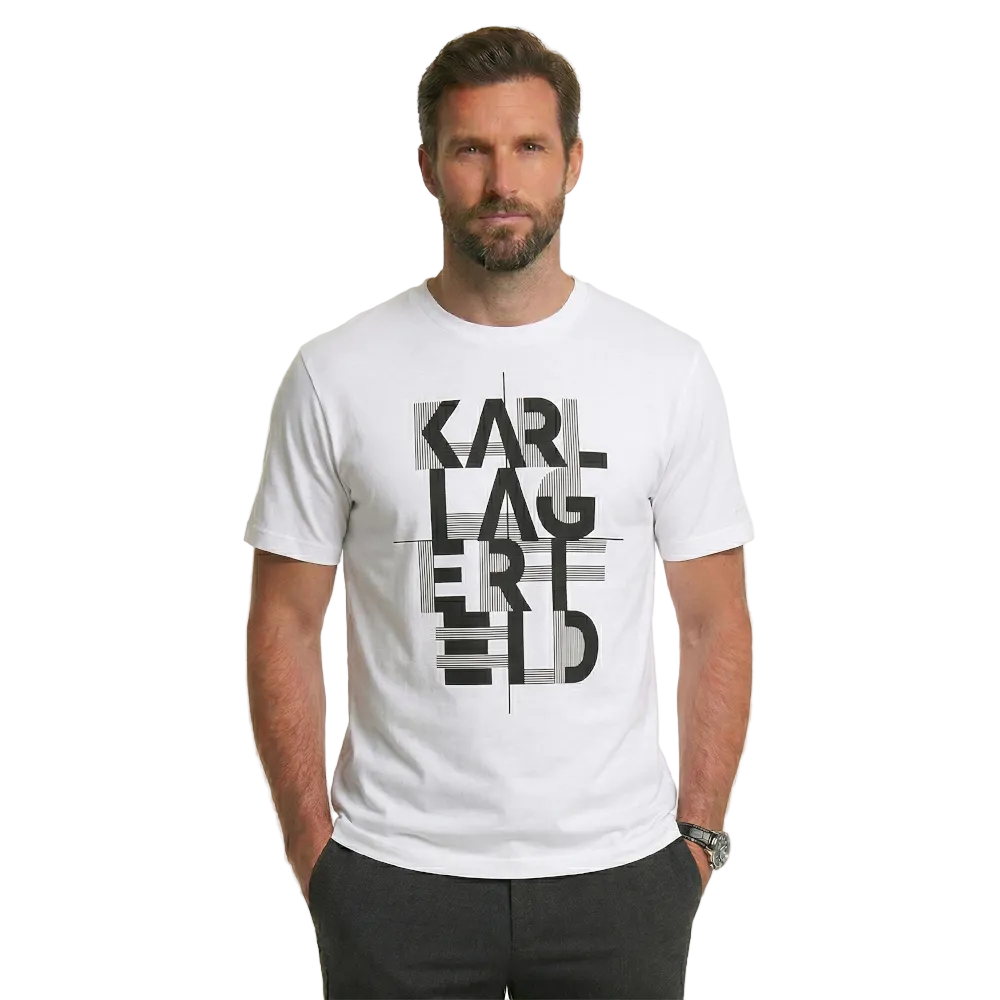 Man wearing a white t-shirt with Karl Lagerfeld logo on a white background