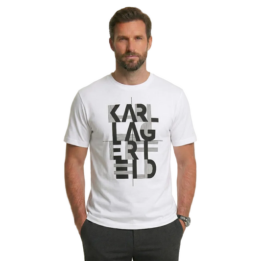 Man wearing a white t-shirt with Karl Lagerfeld logo on a white background