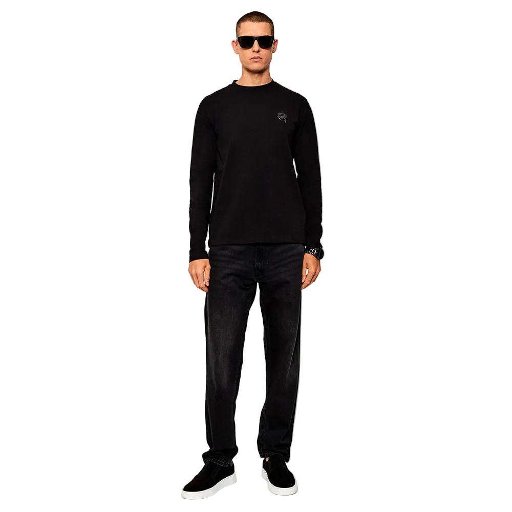 Karl Lagerfeld Regular Fit black long sleeve shirt for men with chest logo, crew neck, premium casual cotton design.