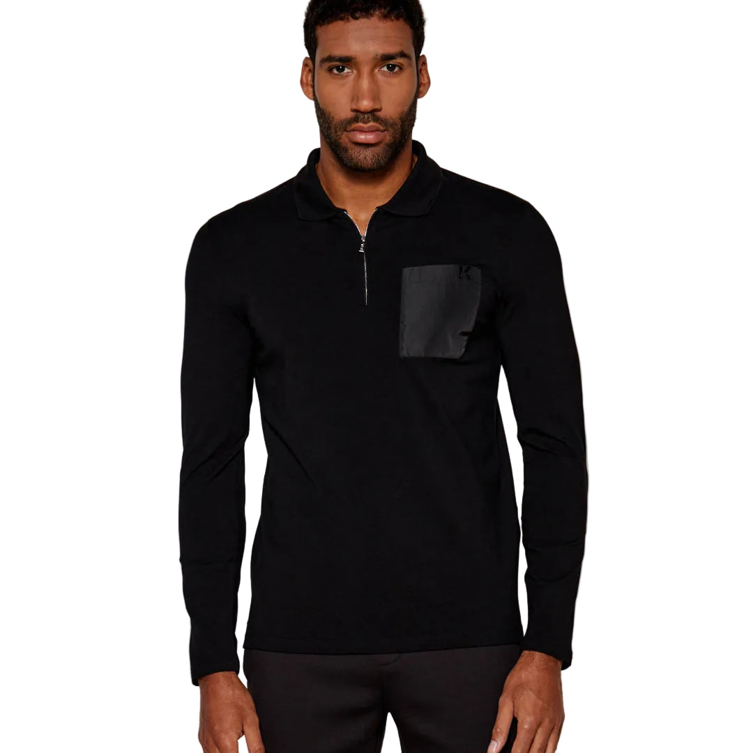 Karl Lagerfeld men's regular fit long sleeve polo shirt with a half-zip collar, utility chest pocket, and premium stretch fabric.