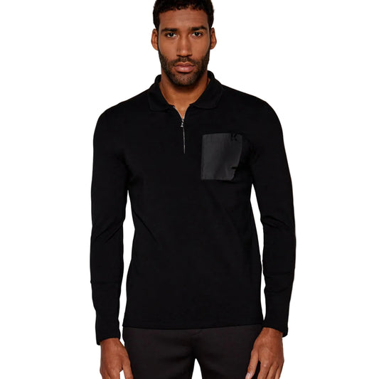 Karl Lagerfeld men's regular fit long sleeve polo shirt with a half-zip collar, utility chest pocket, and premium stretch fabric.