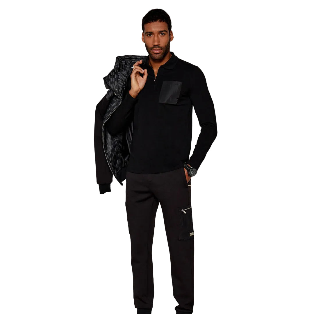 Karl Lagerfeld men's regular fit long sleeve polo shirt with a half-zip collar, utility chest pocket, and premium stretch fabric.