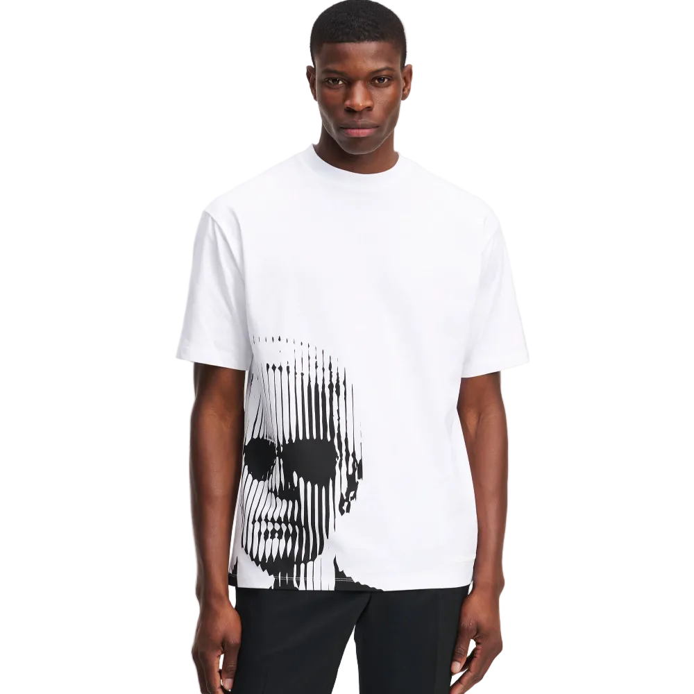 Karl Lagerfeld men's white regular fit short sleeve T-shirt featuring a bold black graphic print and classic crew neck design.