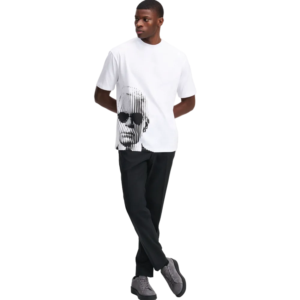 Karl Lagerfeld men's white regular fit short sleeve T-shirt featuring a bold black graphic print and classic crew neck design.