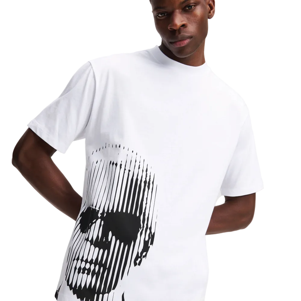 Karl Lagerfeld men's white regular fit short sleeve T-shirt featuring a bold black graphic print and classic crew neck design.