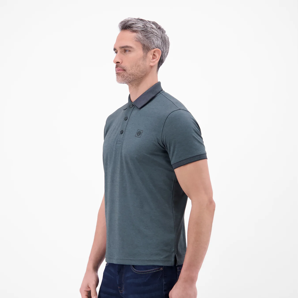 Man wearing a storm grey Lerros solid-color piqué polo shirt available at Kayagan in Lebanon