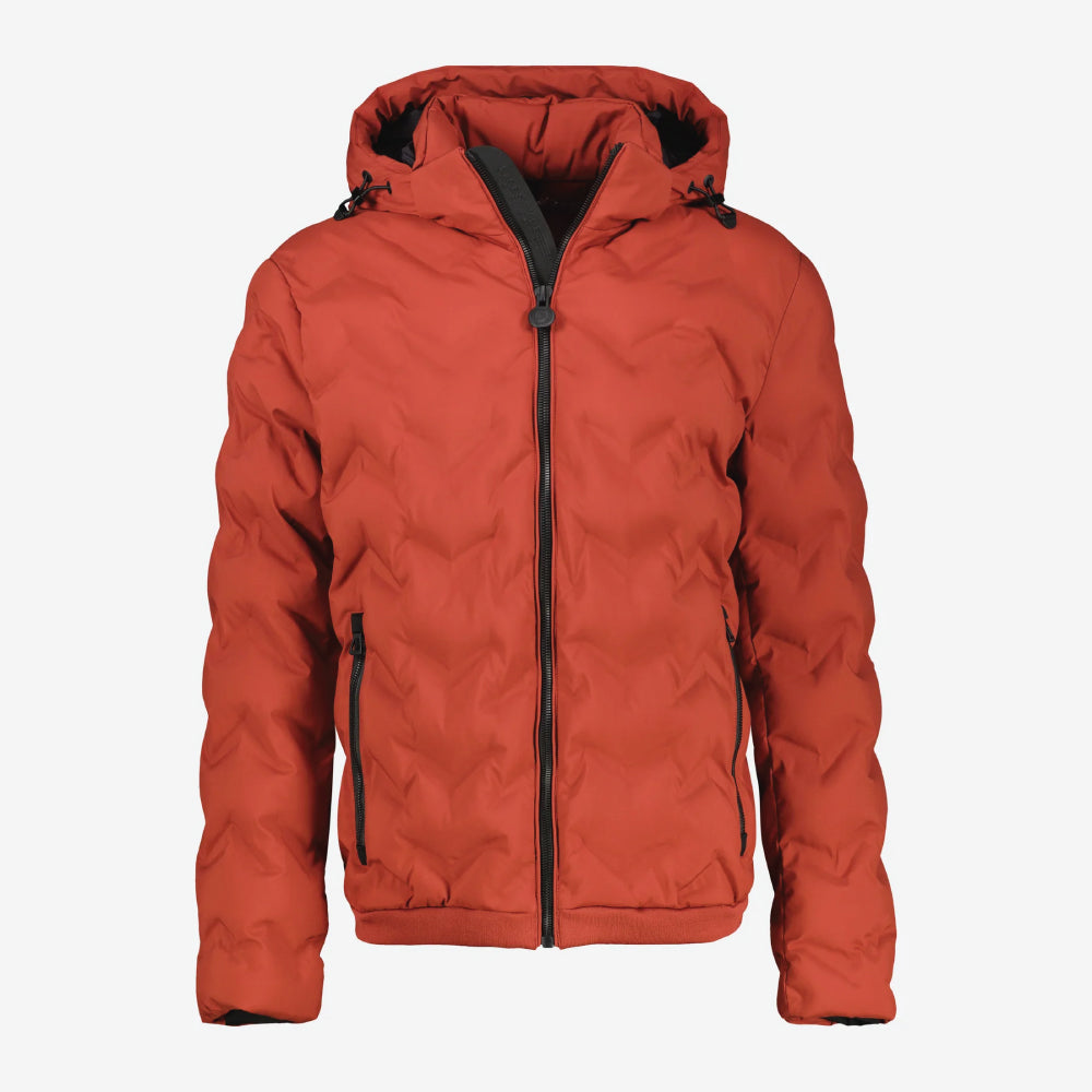 Man wearing a rust, burnt red Lerros quilted jacket with hood, available at Kayagan