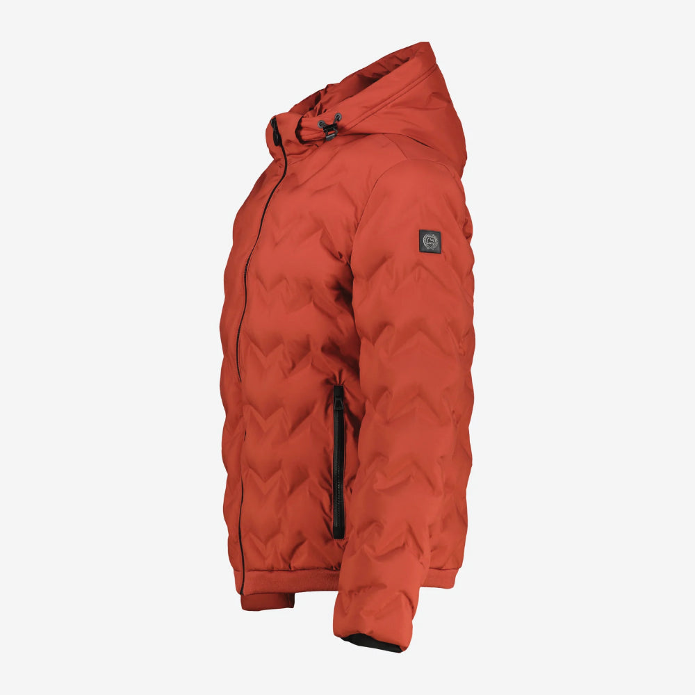 Man wearing a rust, burnt red Lerros quilted jacket with hood, available at Kayagan