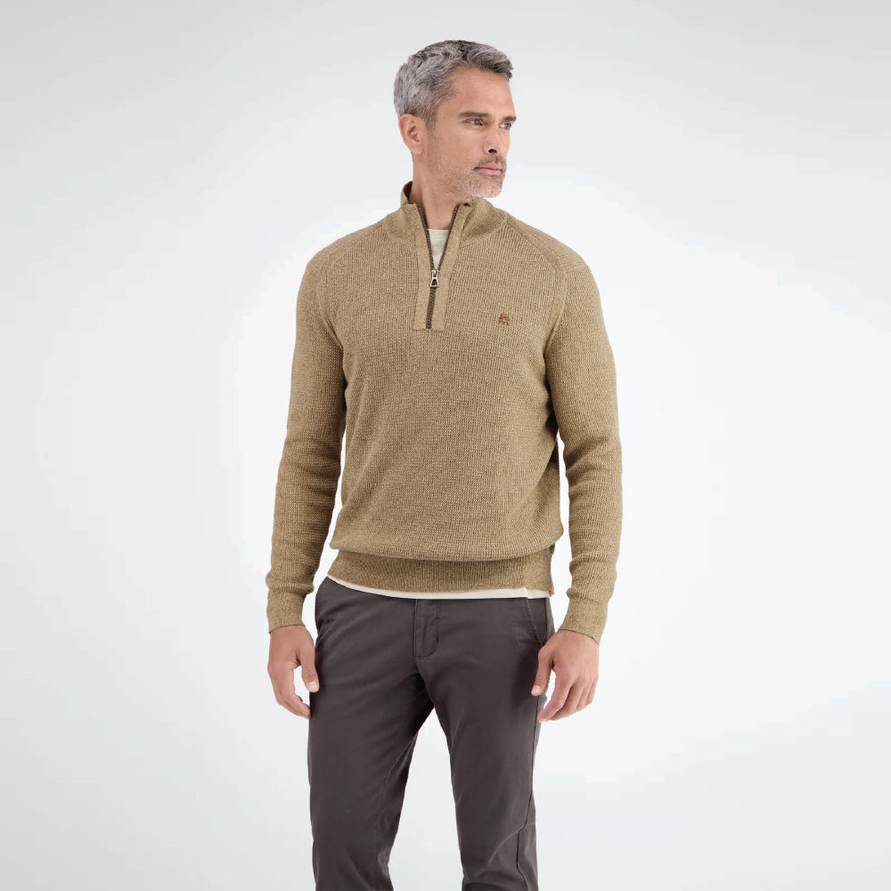 Man wearing a light coffee Lerros knitted troyer in melange look with trousers, front view studio photo, available at Kayagan