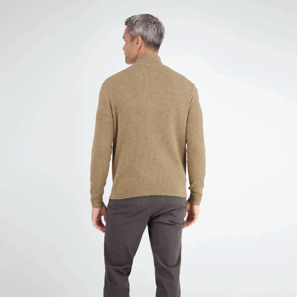 Man wearing a light coffee Lerros knitted troyer in melange look with trousers, back view studio photo, available at Kayagan
