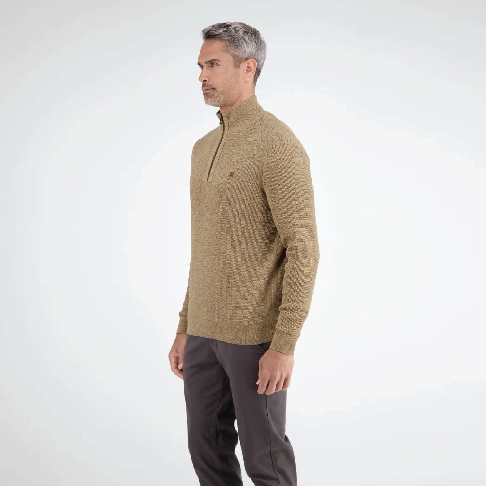 Man wearing a light coffee Lerros knitted troyer in melange look with trousers, front view studio photo, available at Kayagan