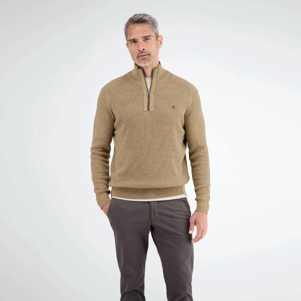 Man wearing a light coffee Lerros knitted troyer in melange look with trousers, front view studio photo, available at Kayagan
