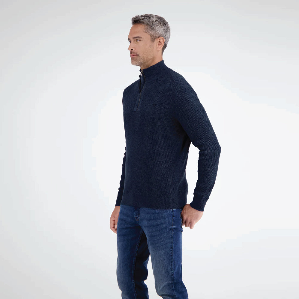 Man wearing a navy Lerros knitted troyer in melange look with navy trousers, front view studio photo, available at Kayagan