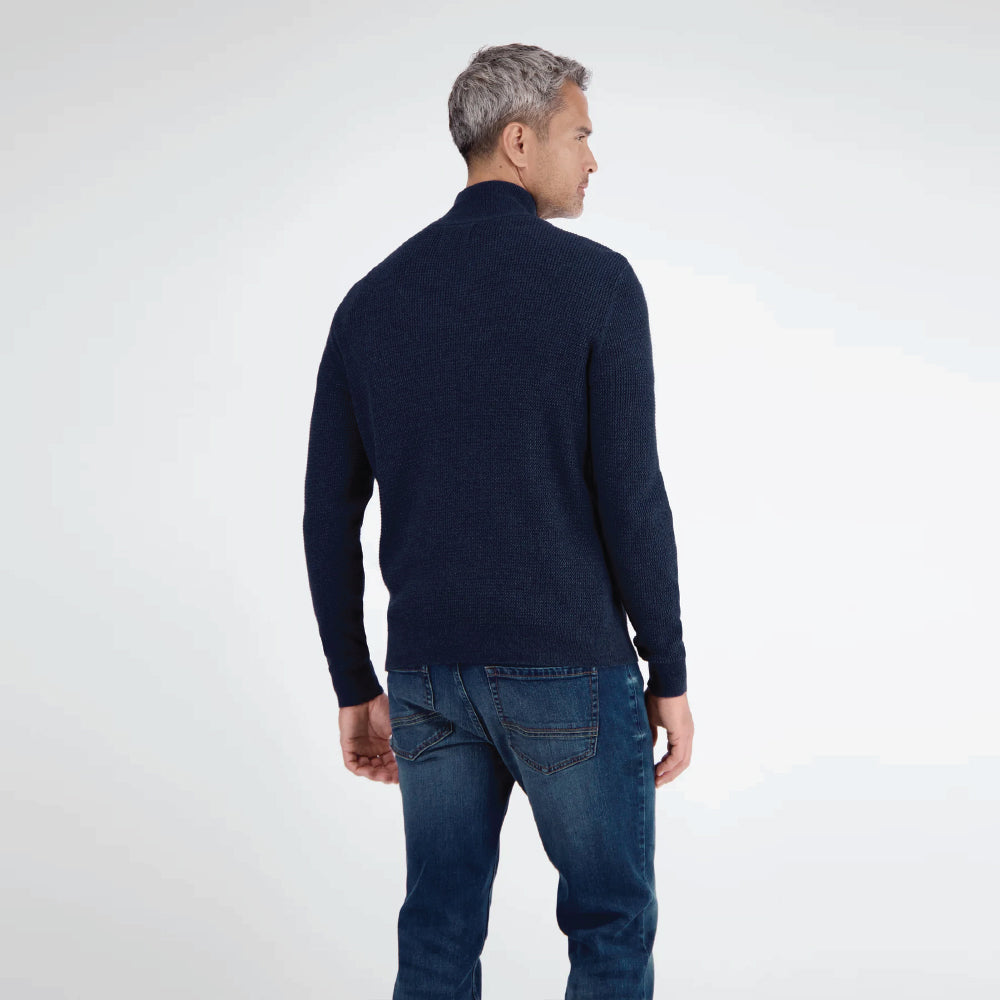 Man wearing a navy Lerros knitted troyer in melange look with navy trousers, front view studio photo, available at Kayagan