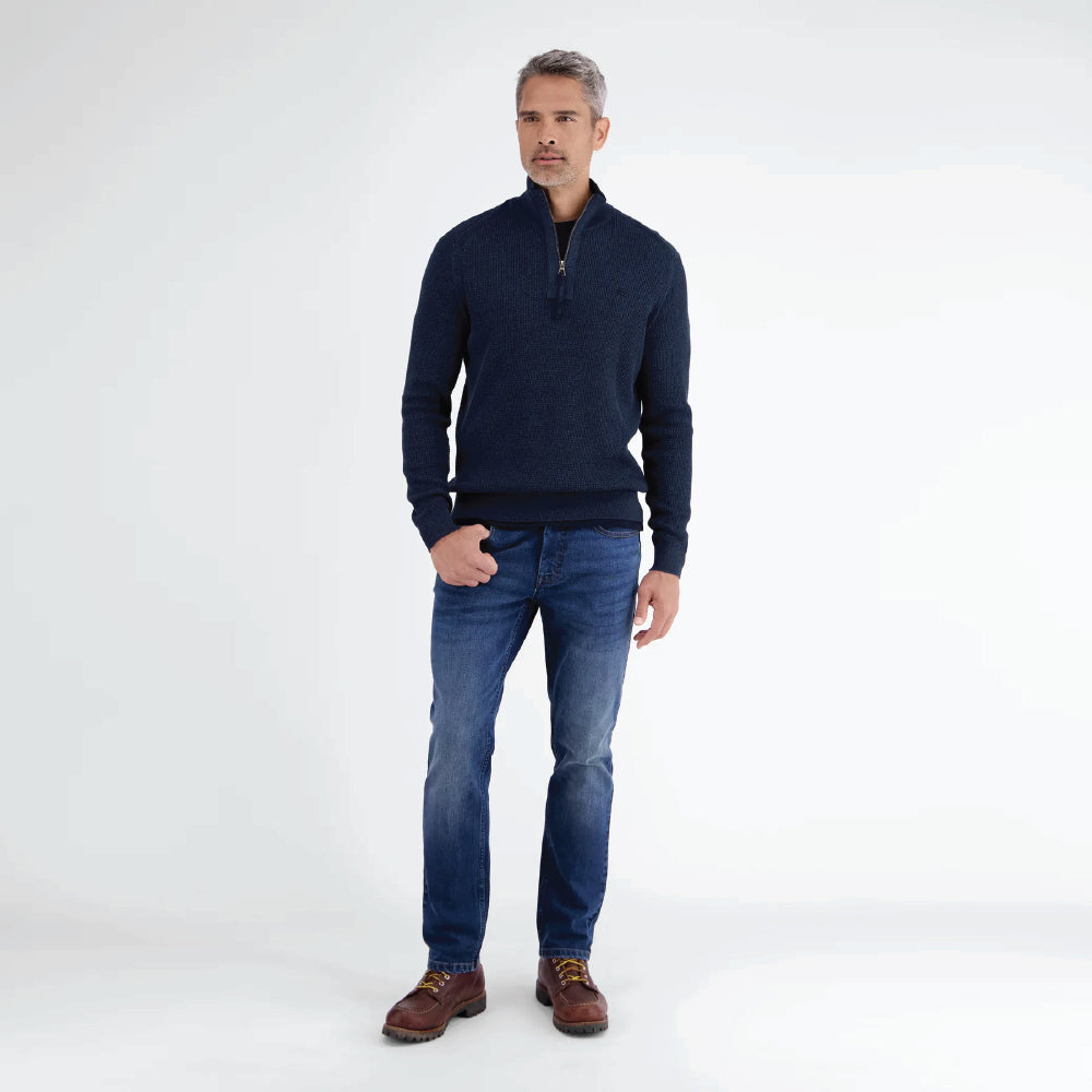 Man wearing a navy Lerros knitted troyer in melange look with navy trousers, front view studio photo, available at Kayagan