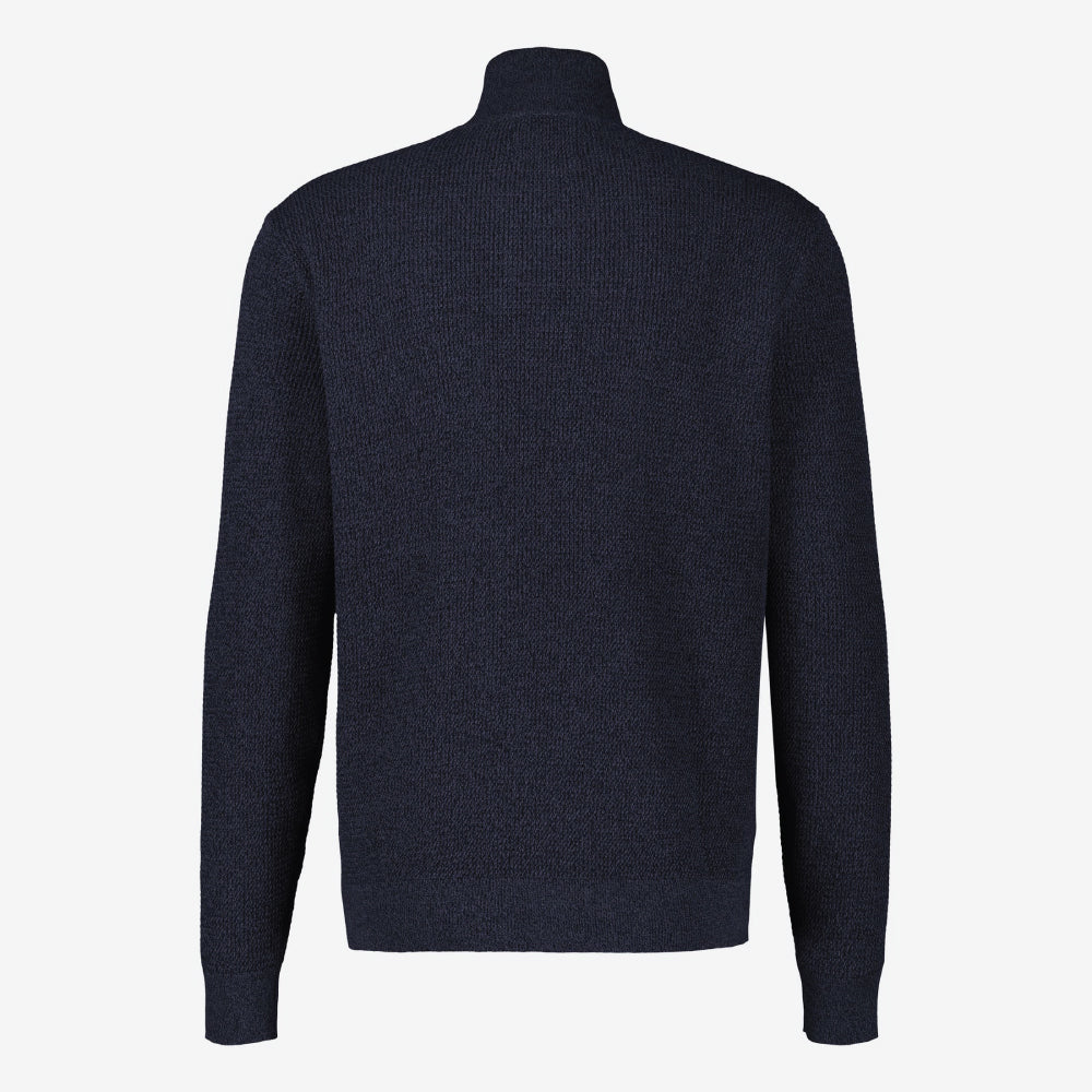 Man wearing a navy Lerros knitted troyer in melange look with back view studio photo, available at Kayagan