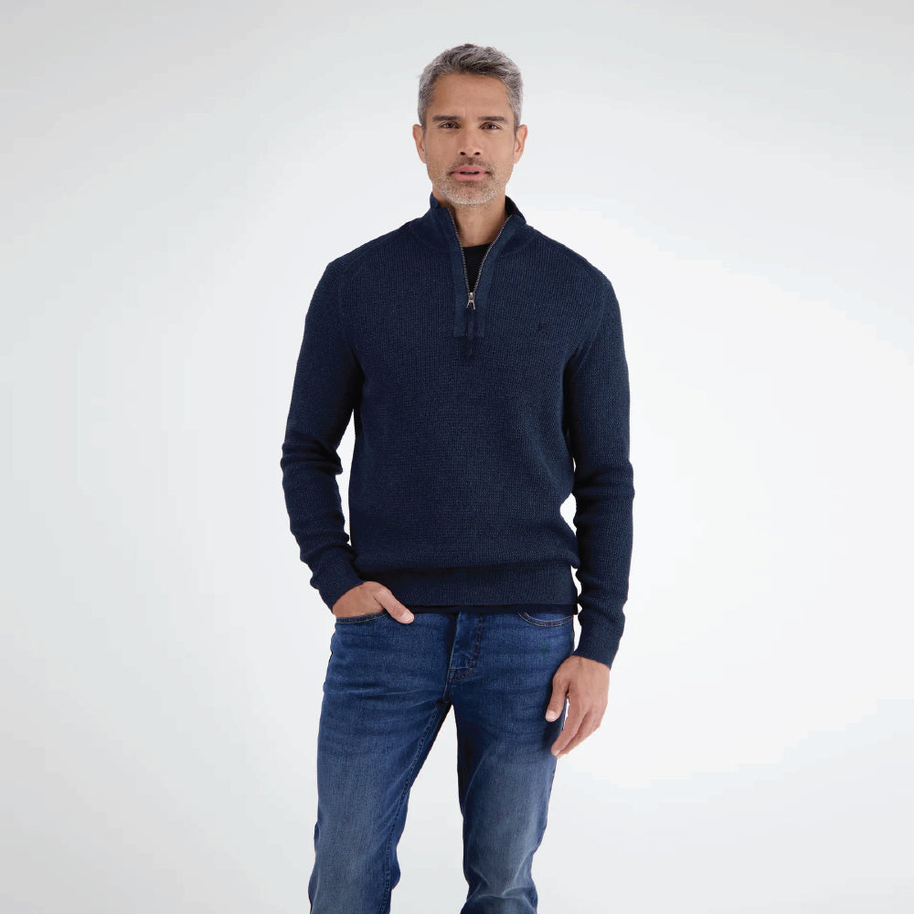 Man wearing a navy Lerros knitted troyer in melange look with navy trousers, front view studio photo, available at Kayagan