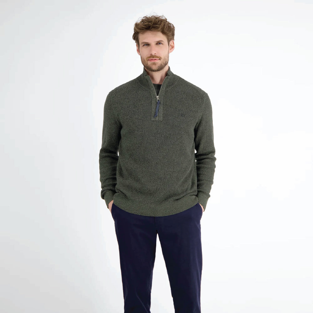 Man wearing an olive green Lerros knitted troyer in melange look with navy trousers, front view studio photo, available at Kayagan