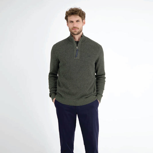 Man wearing an olive green Lerros knitted troyer in melange look with navy trousers, front view studio photo, available at Kayagan