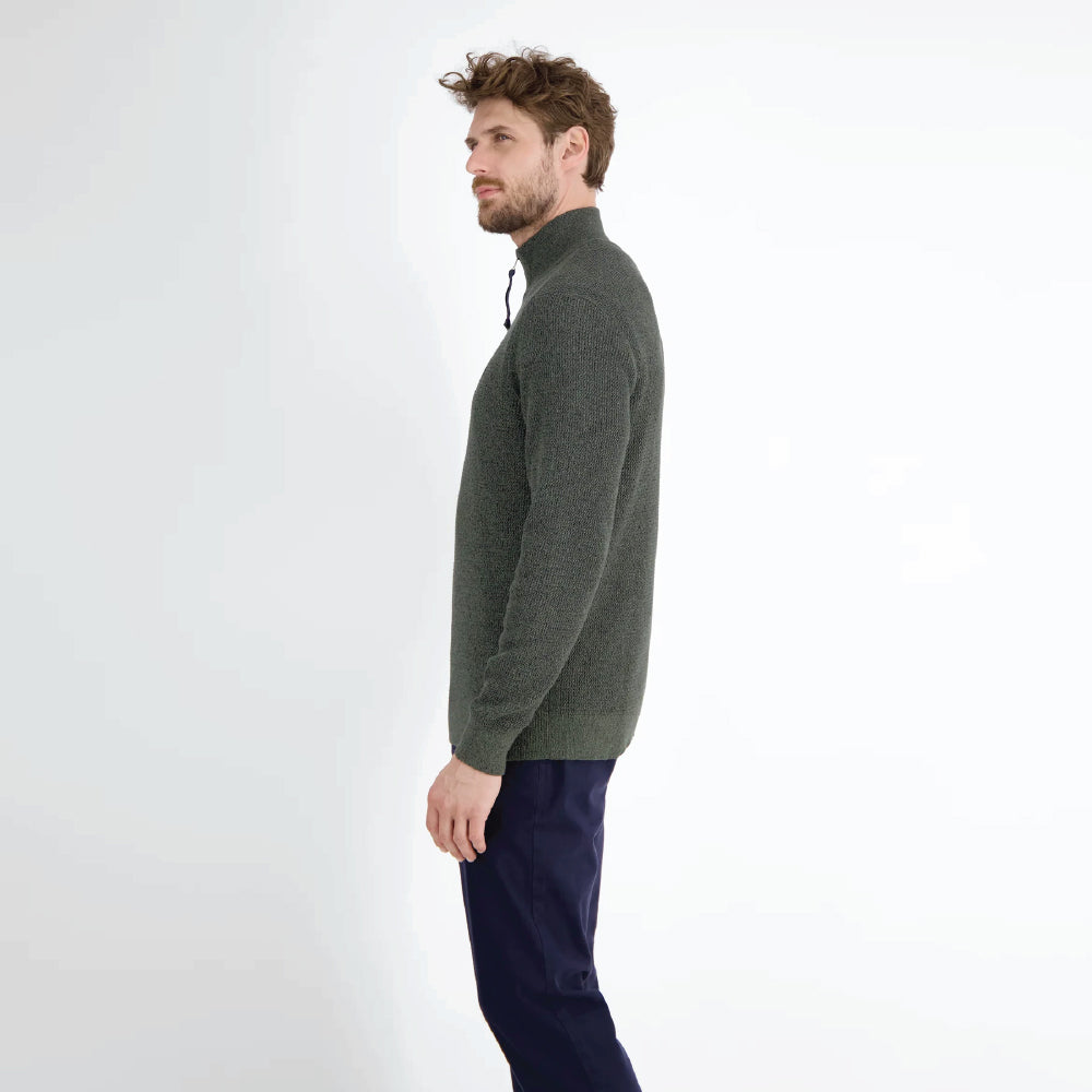 Man wearing an olive green Lerros knitted troyer in melange look with navy trousers, front view studio photo, available at Kayagan