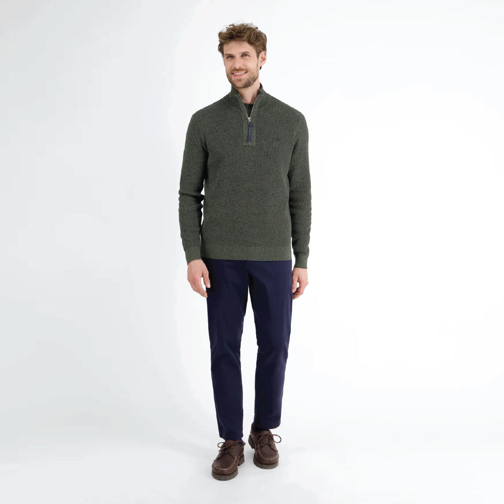 Man wearing an olive green Lerros knitted troyer in melange look with navy trousers, front view studio photo, available at Kayagan
