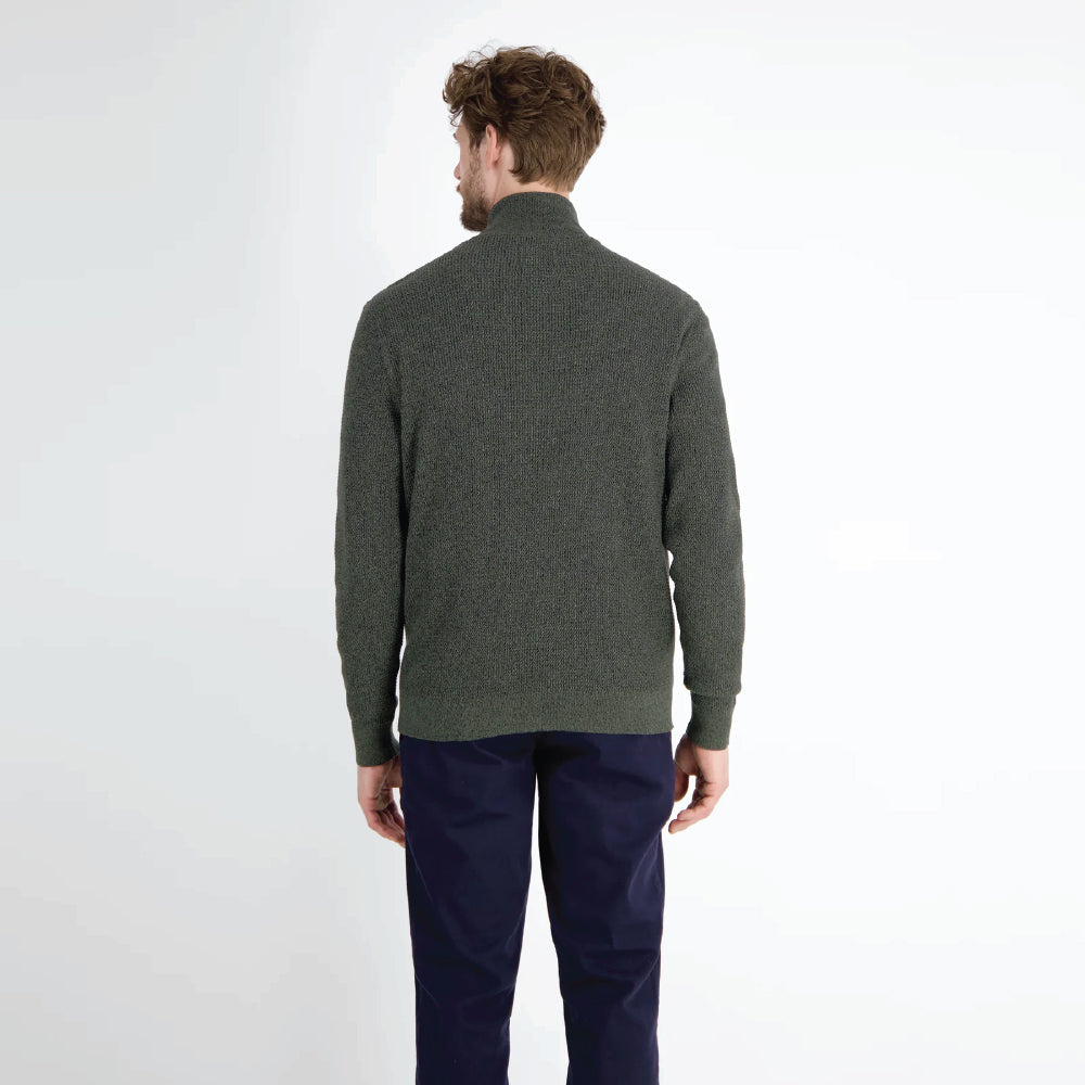 Man wearing an olive green Lerros knitted troyer in melange look with navy trousers, front view studio photo, available at Kayagan