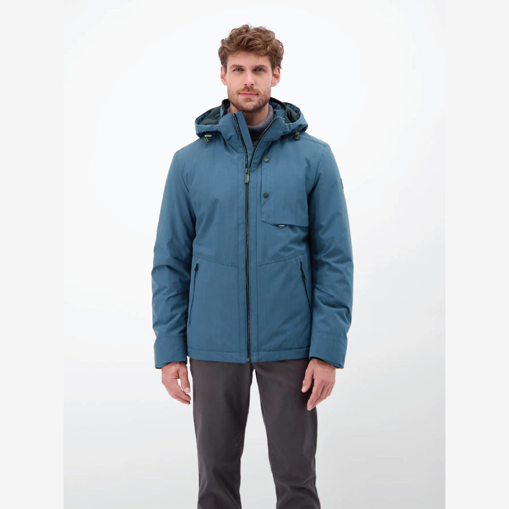 Man wearing a storm blue Lerros structured blouson jacket with hood, front view studio photo, at Kayagan