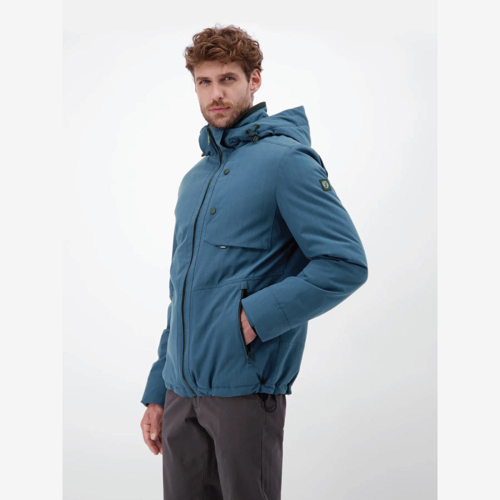 Man wearing a storm blue Lerros structured blouson jacket with hood, front view studio photo, at Kayagan