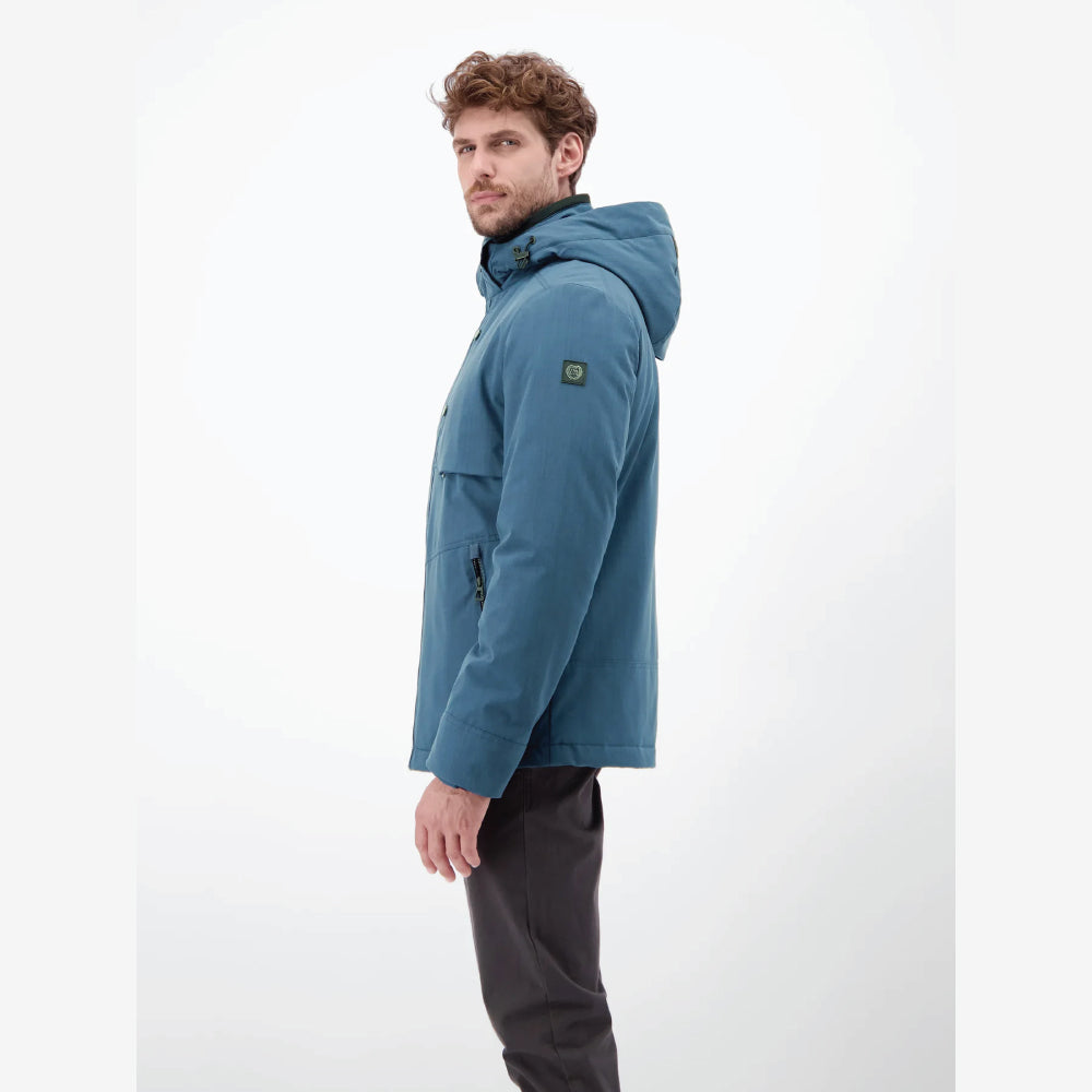 Man wearing a storm blue Lerros structured blouson jacket with hood, front view studio photo, at Kayagan