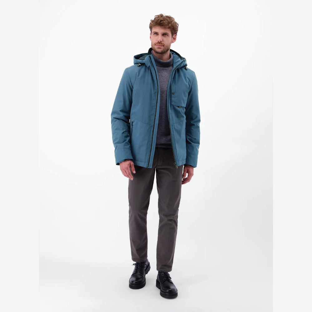 Man wearing a storm blue Lerros structured blouson jacket with hood, front view studio photo, at Kayagan