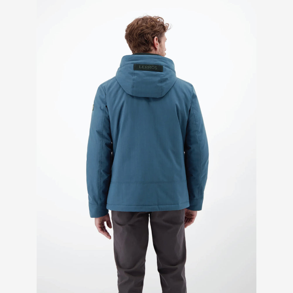 Man wearing a storm blue Lerros structured blouson jacket with hood, front view studio photo, at Kayagan