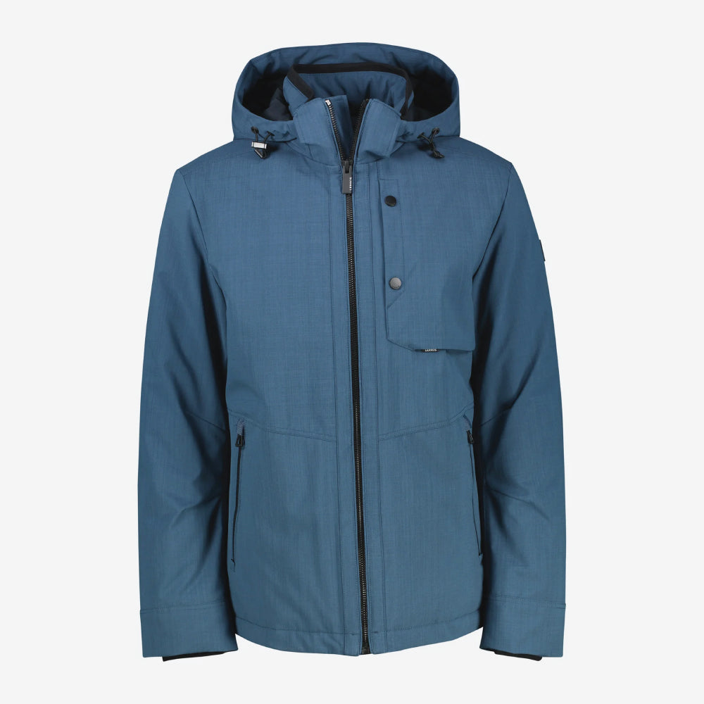 A storm blue Lerros structured blouson jacket with hood, front view studio photo, at Kayagan