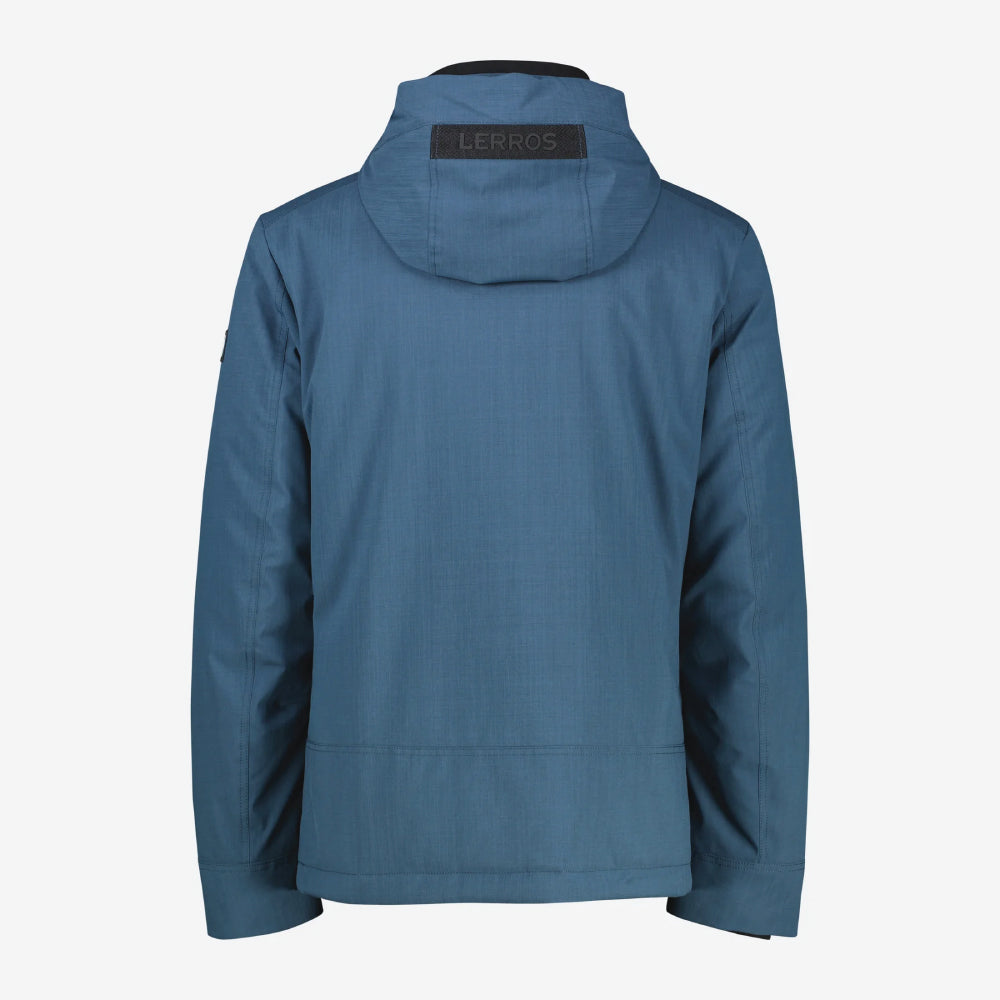 A storm blue Lerros structured blouson jacket with hood, back view studio photo, at Kayagan