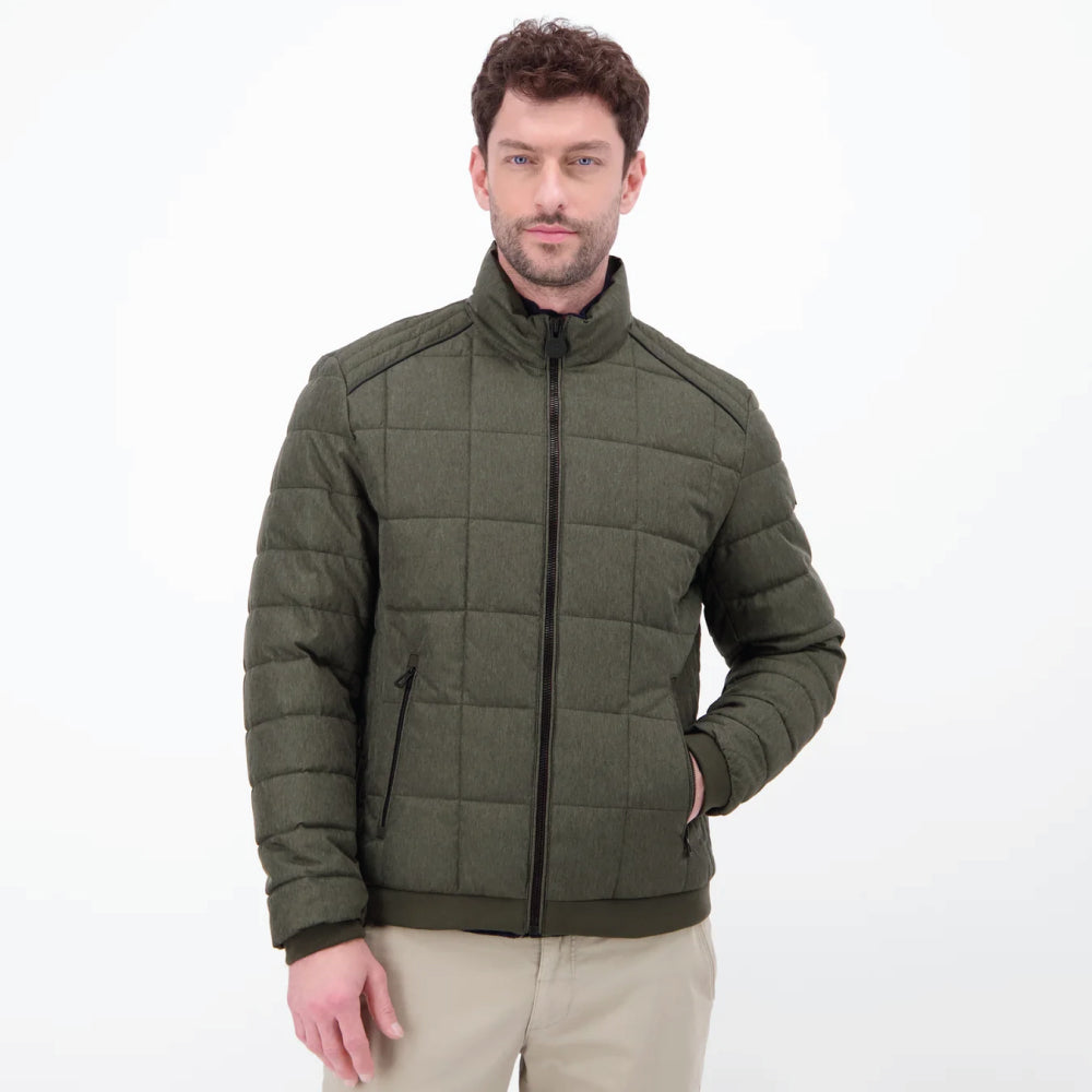 Man wearing an olive green Lerros quilted jacket in wool look with stand-up collar, styled with beige chinos, front view studio photo, available at Kayagan