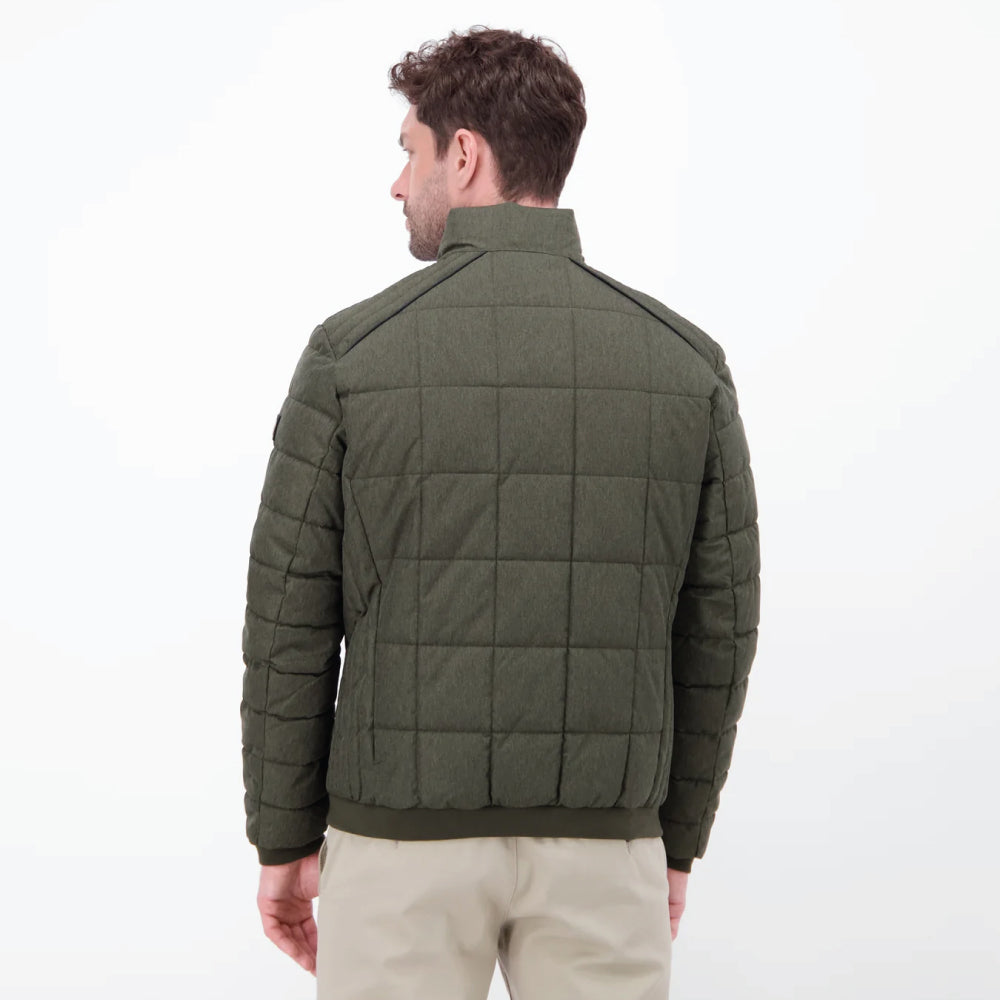 Man wearing an olive green Lerros quilted jacket in wool look with stand-up collar, styled with beige chinos, front view studio photo, available at Kayagan