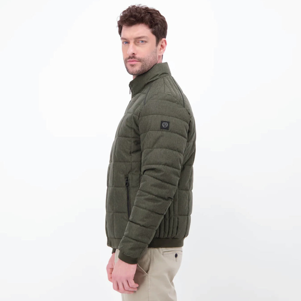Man wearing an olive green Lerros quilted jacket in wool look with stand-up collar, styled with beige chinos, front view studio photo, available at Kayagan