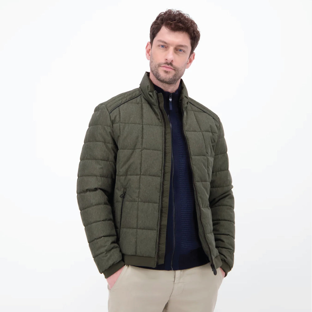 Man wearing an olive green Lerros quilted jacket in wool look with stand-up collar, styled with beige chinos, front view studio photo, available at Kayagan