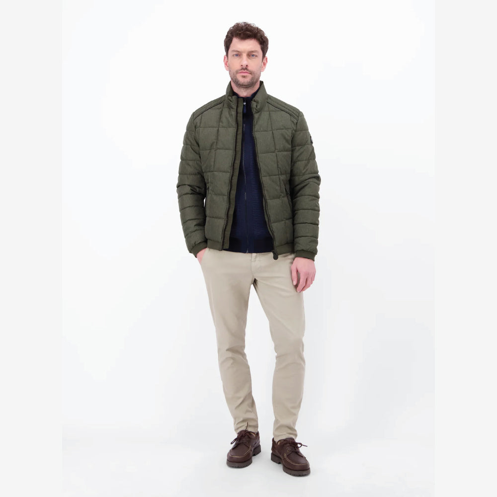 Man wearing an olive green Lerros quilted jacket in wool look with stand-up collar, styled with beige chinos, front view studio photo, available at Kayagan