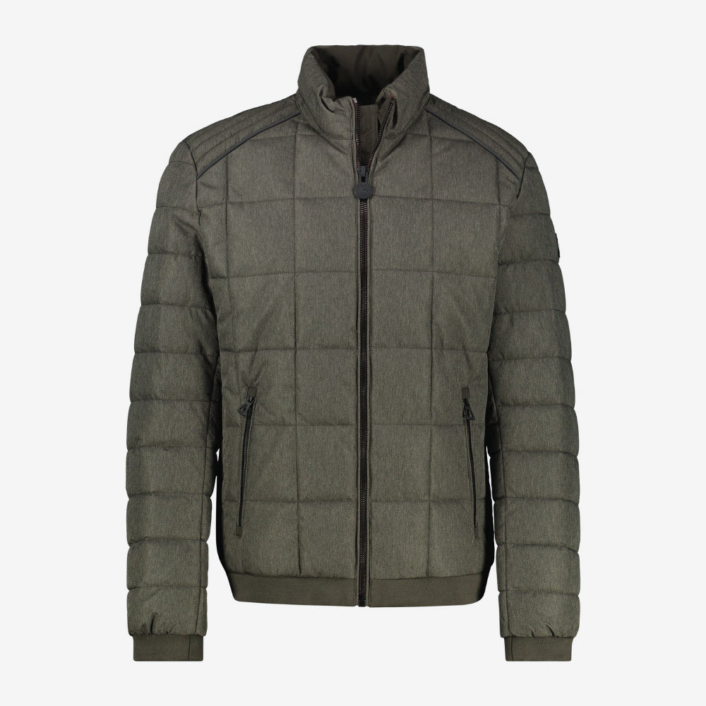 olive green Lerros quilted jacket in wool look with stand-up collar,  front view studio photo, available at Kayagan