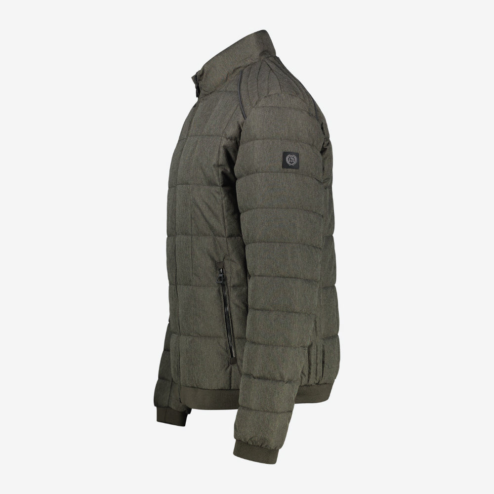 Olive green Lerros quilted jacket in wool look with stand-up collar, styled with beige chinos, side view studio photo, available at Kayagan