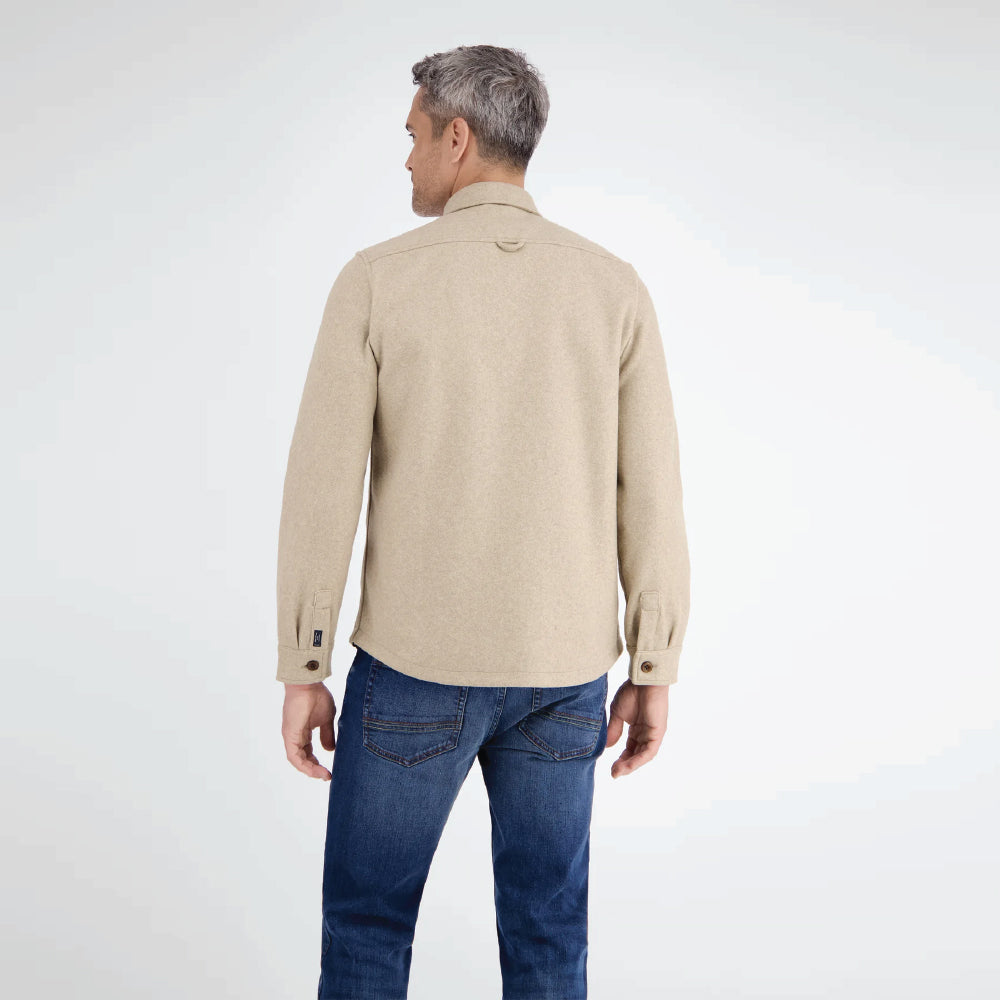 Man wearing a beige Lerros urban-style shirt jacket in wool look with chest pockets, styled with denim jeans, back view studio photo, available at Kayagan