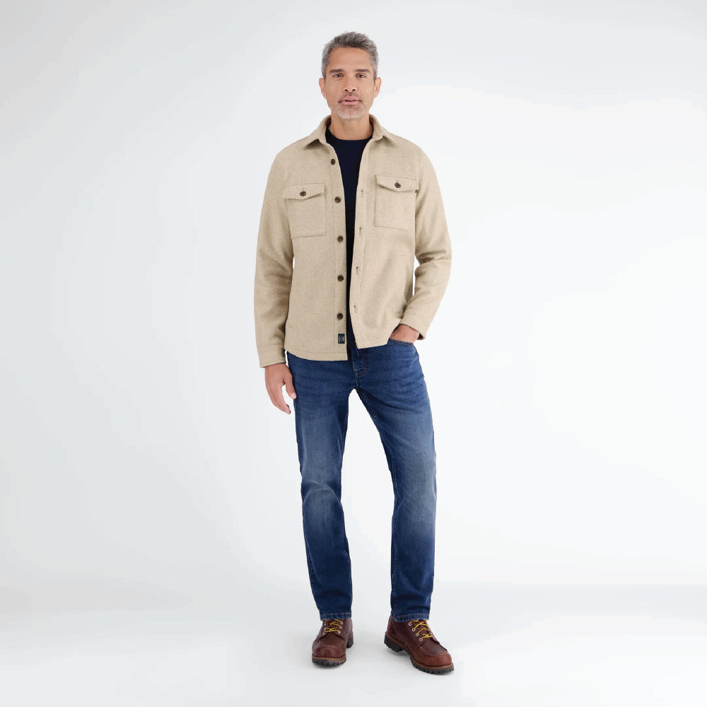 Man wearing a beige Lerros urban-style shirt jacket in wool look with chest pockets, styled with denim jeans, front view studio photo, available at Kayagan