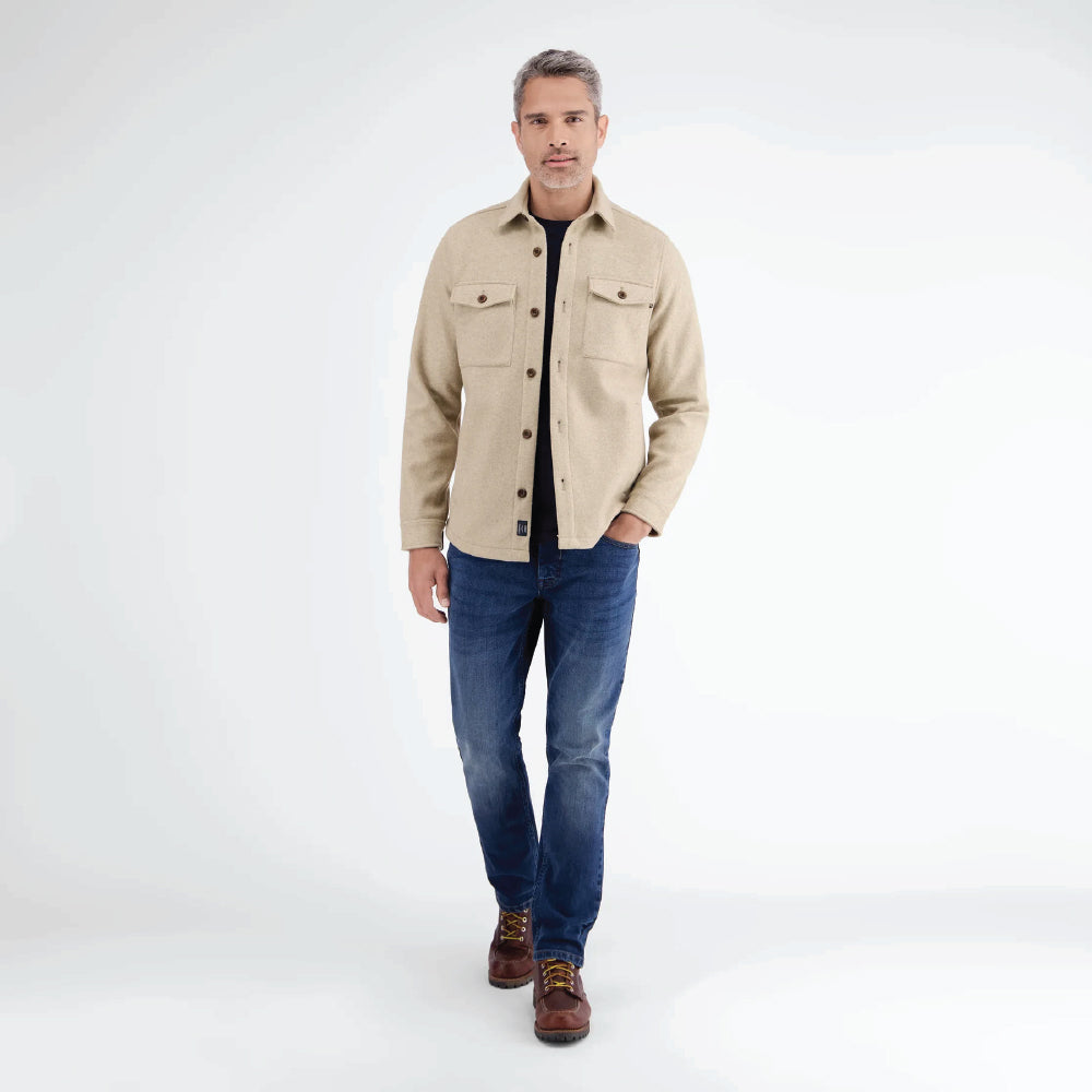Man wearing a beige Lerros urban-style shirt jacket in wool look with chest pockets, styled with denim jeans, front view studio photo, available at Kayagan