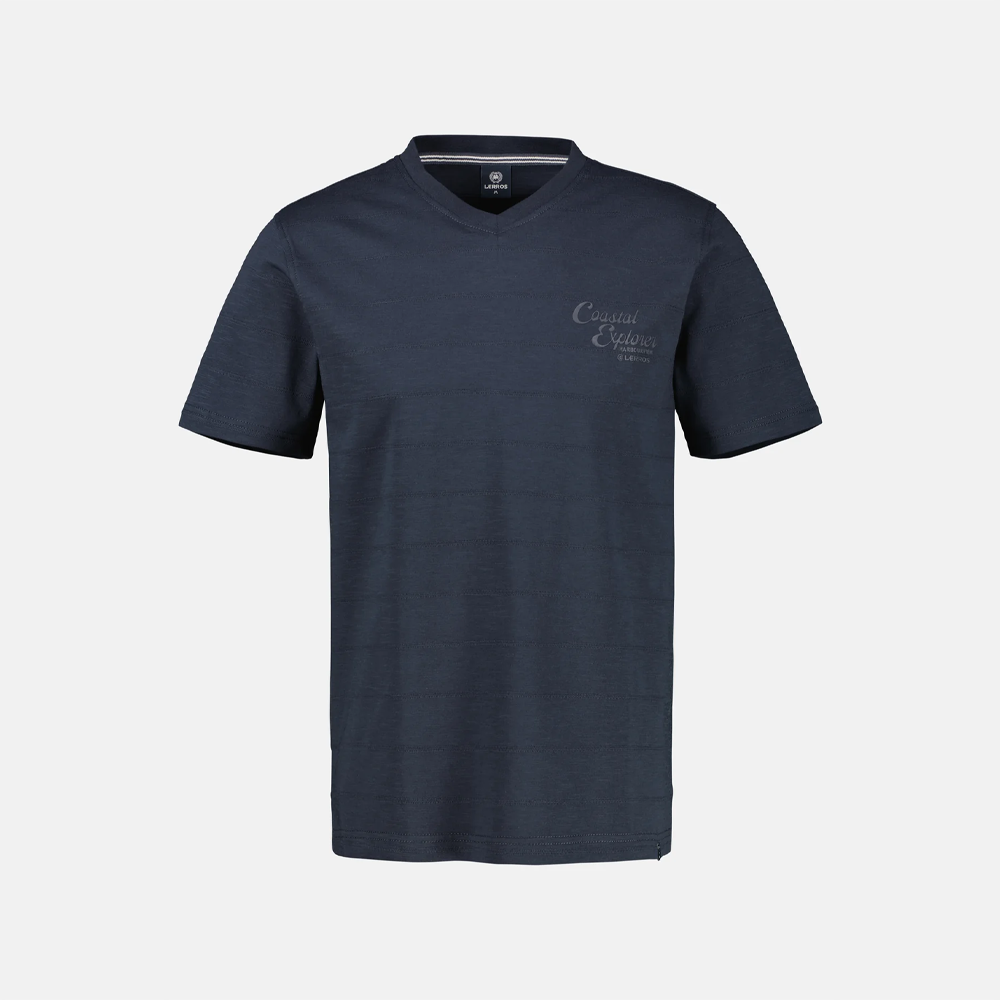Lerros classic navy V-neck knitted t-shirt with contrast collar trim and embroidered logo, Kayagan Lebanon